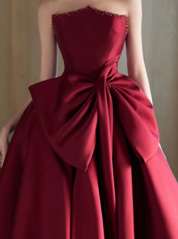 French Chic Burgundy A-Line Strapless Long Women Dress with Bow-knot Waist Birthday Dress Evening Dress RS055