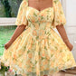 Apricot floral low-cut sexy fresh cute short skirt homecoming dress R3114