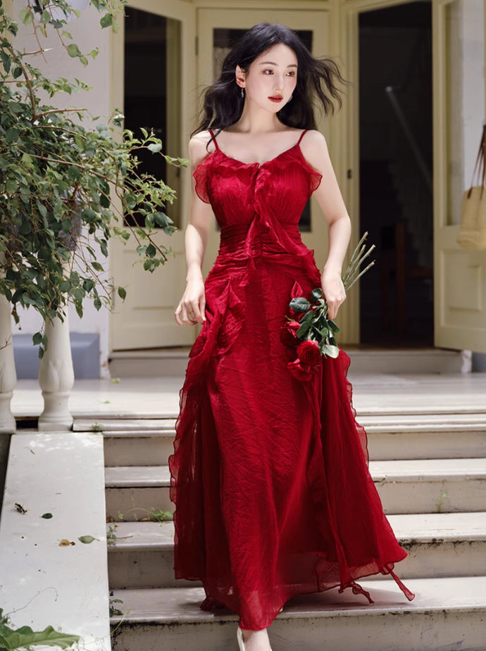 Fairy French retro red dress high-end dress ruffled sling beach dress R1714