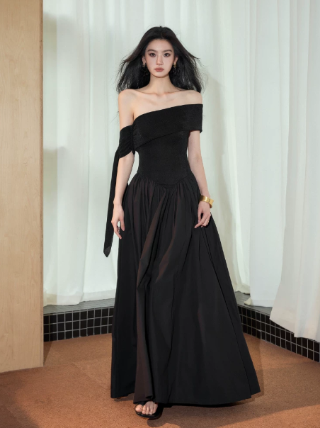 Elegant Black A-Line Bateau Long Women Dress with Soutache Prom Dress Evening Dress RS062