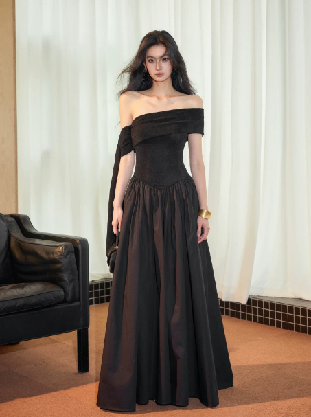 Elegant Black A-Line Bateau Long Women Dress with Soutache Prom Dress Evening Dress RS062