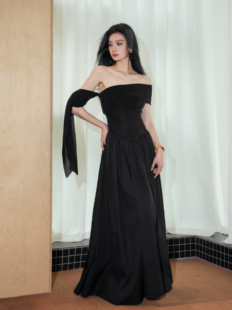 Elegant Black A-Line Bateau Long Women Dress with Soutache Prom Dress Evening Dress RS062