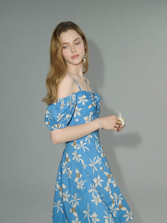 French floral skirt seaside holiday skirt fairy skirt blue short dress R2770