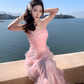 Pink flower suspender dress gentle temperament beautiful dress R0800