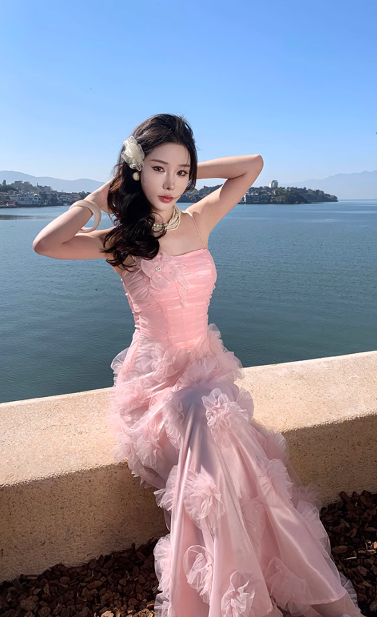 Pink flower suspender dress gentle temperament beautiful dress R0800