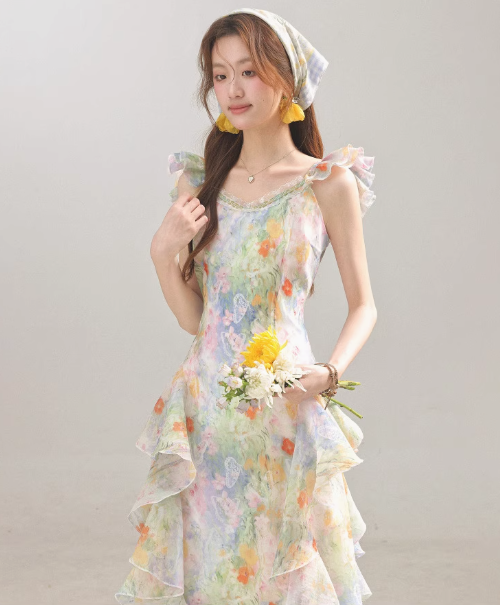 French style oil painting floral dress new summer holiday style long dress R1897