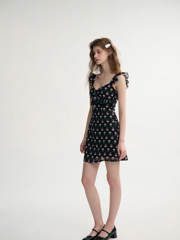 French style black skirt floral suspender skirt short dress R2696