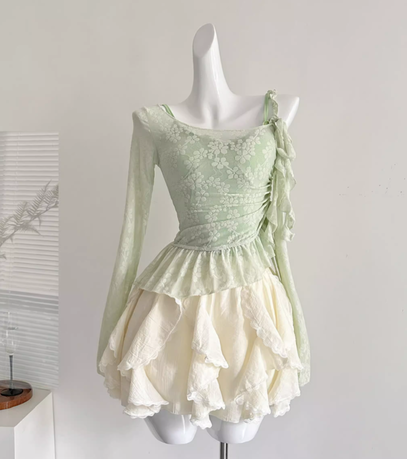 Summer sweet slim long sleeve lace hollow blouse suspender skirt R2010