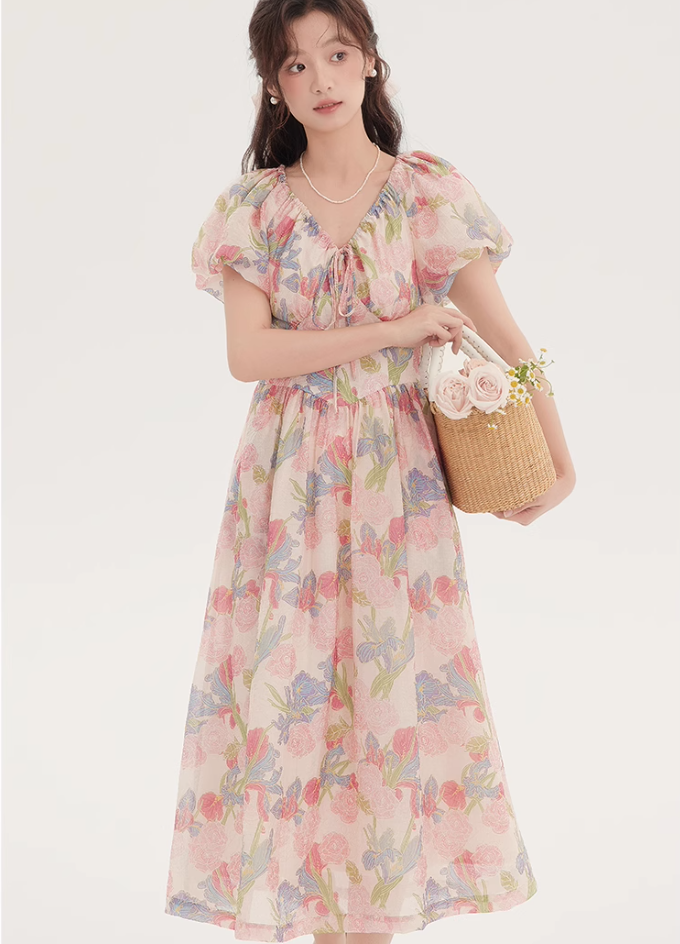 Tea break French beautiful dress 2025 new floral dress waist temperament long dress R2388