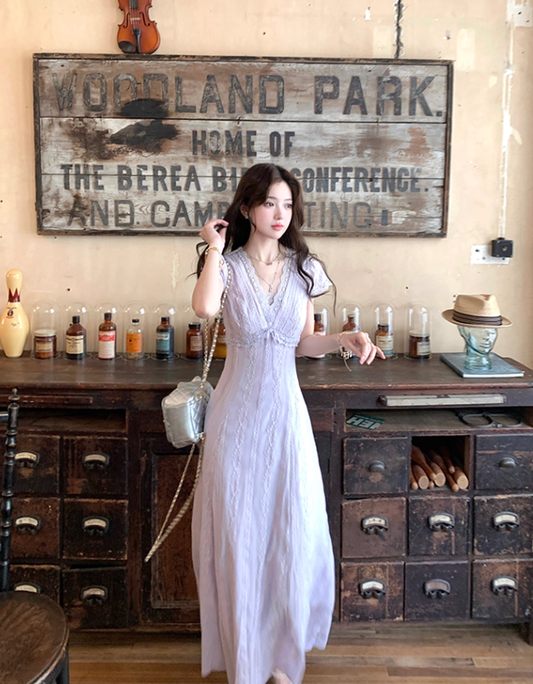 Purple V-neck short-sleeved lace waist dress summer French retro temperament A-line skirt R4582