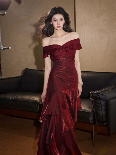 French Chic Burgundy Mermaid V-neck Long Women Dress with Flouncing Prom Dress Party Dress RS064