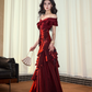 French Chic Burgundy Mermaid V-neck Long Women Dress with Flouncing Prom Dress Party Dress RS064
