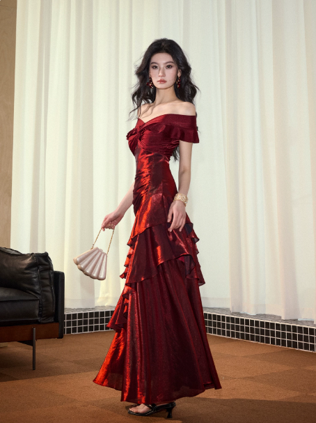 French Chic Burgundy Mermaid V-neck Long Women Dress with Flouncing Prom Dress Party Dress RS064