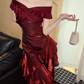 French Chic Burgundy Mermaid V-neck Long Women Dress with Flouncing Prom Dress Party Dress RS064