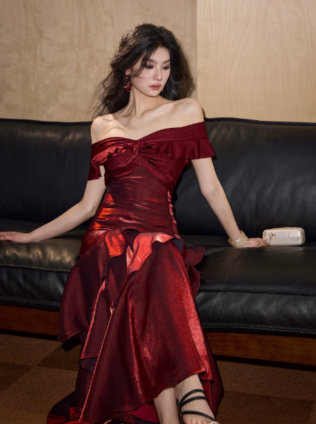 French Chic Burgundy Mermaid V-neck Long Women Dress with Flouncing Prom Dress Party Dress RS064