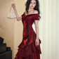 French Chic Burgundy Mermaid V-neck Long Women Dress with Flouncing Prom Dress Party Dress RS064