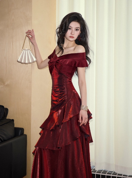 French Chic Burgundy Mermaid V-neck Long Women Dress with Flouncing Prom Dress Party Dress RS064