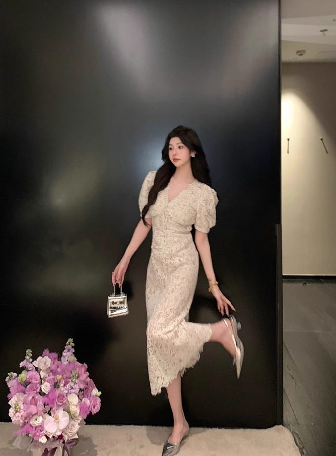 French beige exquisite diamond-studded elegant lace Chanel style long dress R4078