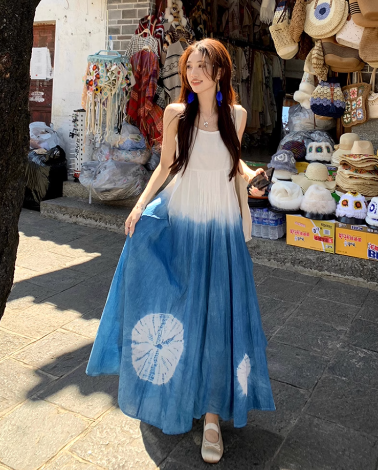 Fairy ruffle blue tie-dye color matching long skirt travel wear suspender dress R1712