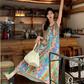 Fairy ethnic style holiday travel wear floral suspender long skirt loose oil painting dress R1750