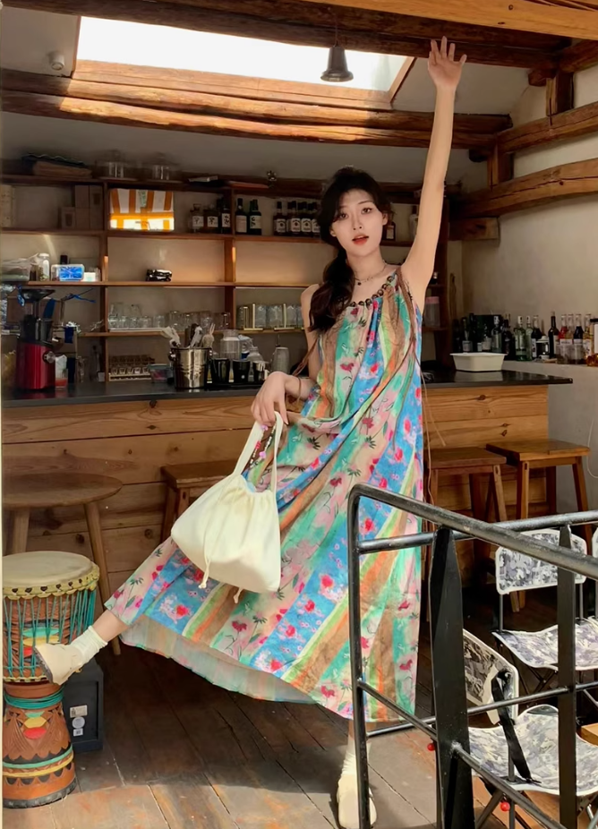 Fairy ethnic style holiday travel wear floral suspender long skirt loose oil painting dress R1750