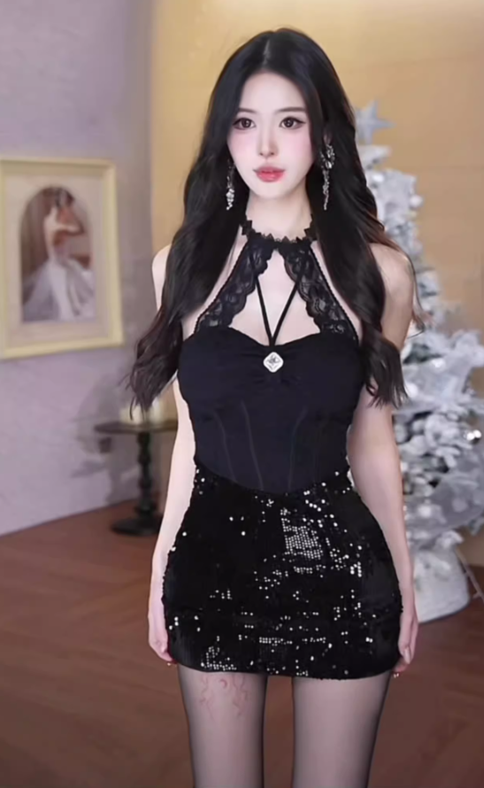 2025 Lace Sleeveless Halter Neck Dress with Waist Sequin Hip Short Skirt R1150