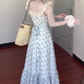 Blue floral dress gentle temperament beautiful summer skirt R0762