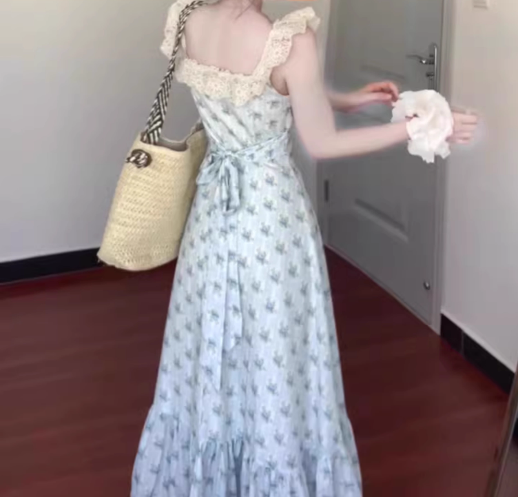 Blue floral dress gentle temperament beautiful summer skirt R0762