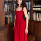 Retro red suspender dress with elegant waist and square neck, gentle A-line long skirt R1431