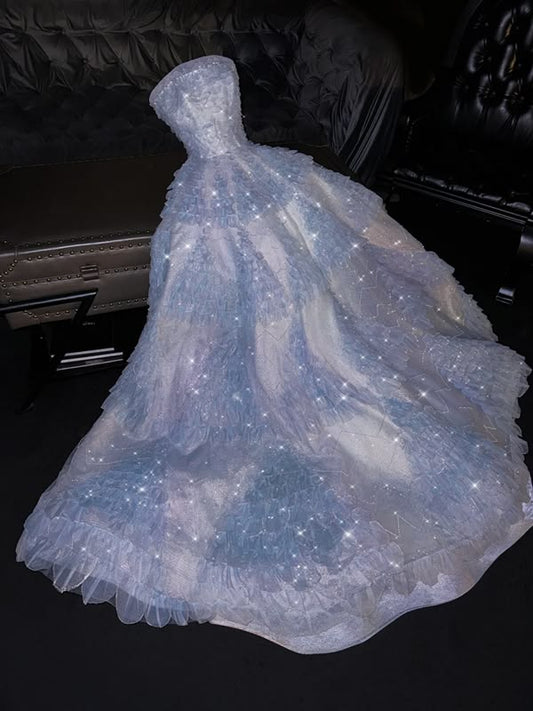 Elegant Pale Blue A-Line Strapless Long Women Dress with Tulle Prom Dress Evening Dress RS061