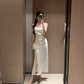 French satin suspender dress square neck pleated slit high-end niche long skirt R1538