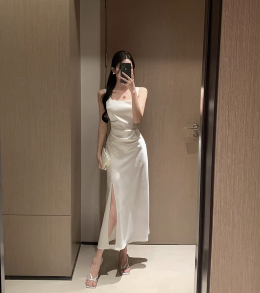 French satin suspender dress square neck pleated slit high-end niche long skirt R1538