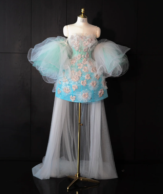 Lake blue gradient pink embroidered tube top waist slimming A-line short skirt homecoming dress R4163