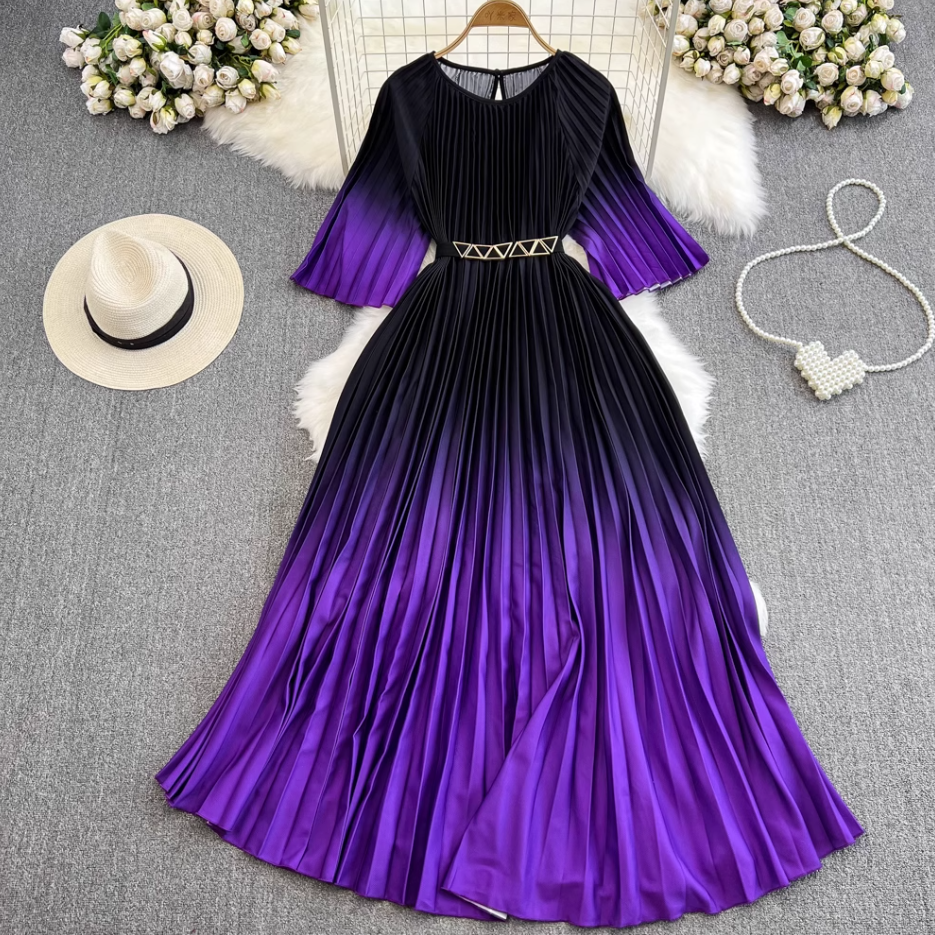 Light mature style celebrity temperament waist slimming A-line large swing printed pleated dress R0307