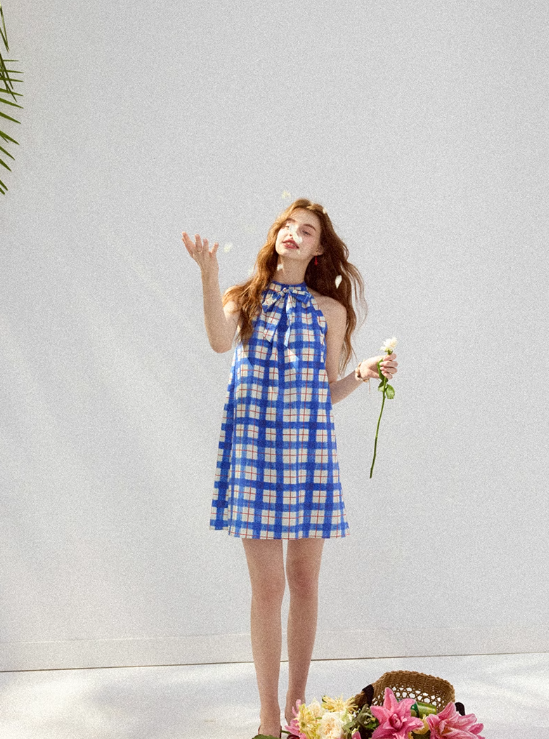 Plaid dress halter neck suspender skirt short skirt vacation wear skirt women summer R3455