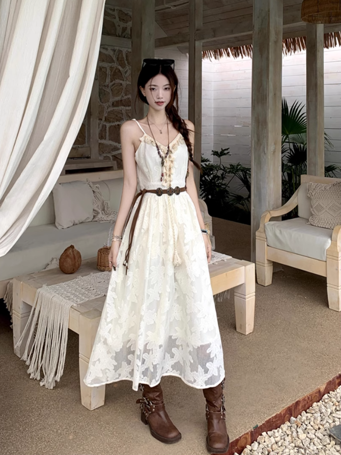 Fairy travel outfit V-neck suspender embroidered long skirt tassel sunscreen cardigan two-piece suit R1728