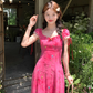 Rose Red Embroidered Square Neck Puff Sleeve Waist Suspender Dress Summer French Style Dress R4657