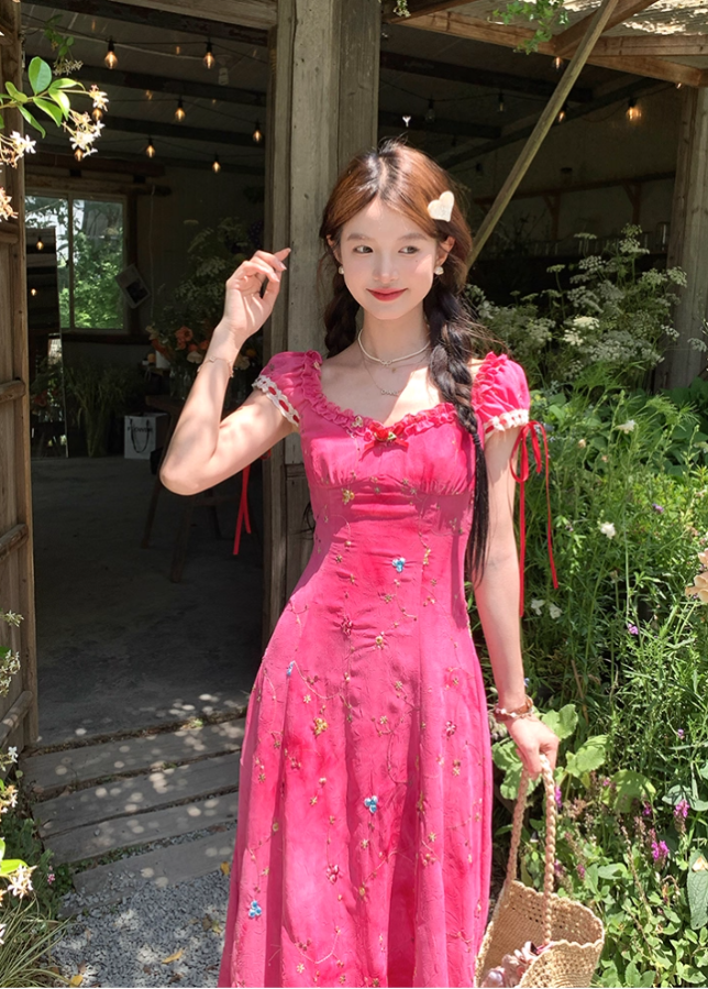 Rose Red Embroidered Square Neck Puff Sleeve Waist Suspender Dress Summer French Style Dress R4657