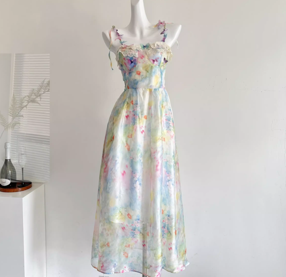 Beautiful suspender dress French holiday style blurred floral long skirt R2041