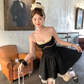 Black mid-length waist a-line suspender dress summer French retro skirt R4909