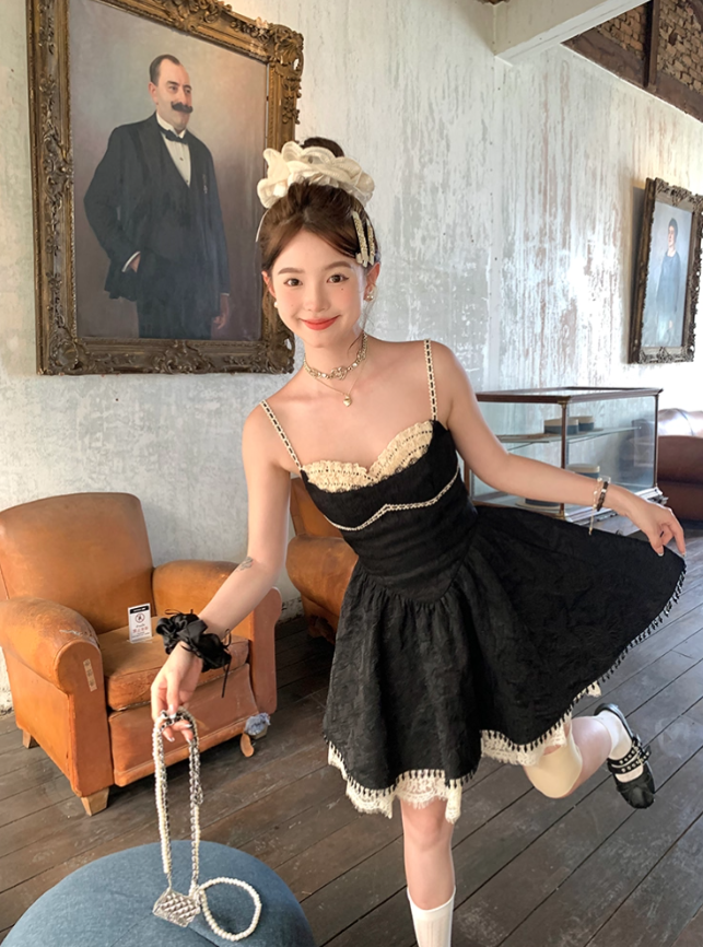 Black mid-length waist a-line suspender dress summer French retro skirt R4909