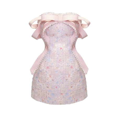 Chanel-inspired Pink Sheath Strapless Mini Women Dress with Ribbon Trim Birthday Dress Party Dress RS065
