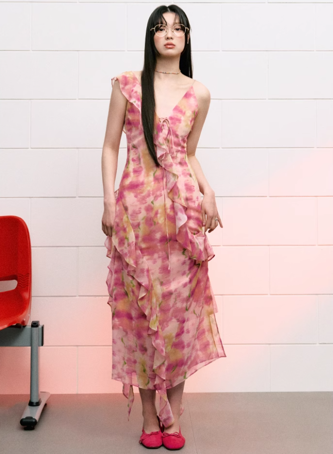 French asymmetric ruffled floral dress for women summer design niche long dress R3325