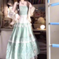 Green fake two-piece floral suspender dress gentle temperament waist A-line long skirt R0692