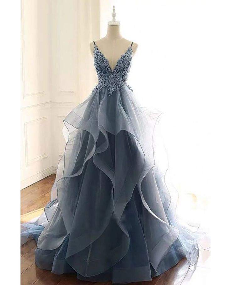 Elegant Pale Blue A-Line V-neck Long Women Dress with Embroidery Evening Dress Prom Dress RS067