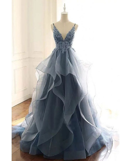 Elegant Pale Blue A-Line V-neck Long Women Dress with Embroidery Evening Dress Prom Dress RS067