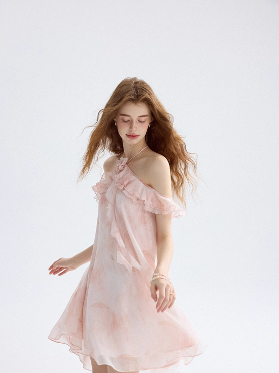 Morning Dew Garden Halter Neck Dress Ruffled Suspender Skirt Holiday Outfit Short Skirt Women Summer R3423