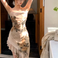 New Chinese style printed backless suspender floral dress sexy holiday wear irregular skirt R1461