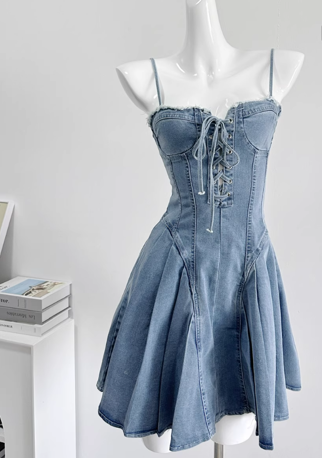 Sexy sweet and spicy elastic denim suspender skirt with straps and tube top A-line skirt R1994