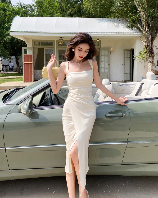 French square neck waist hip dress high waist sleeveless slim suspender dress slit long skirt R1433